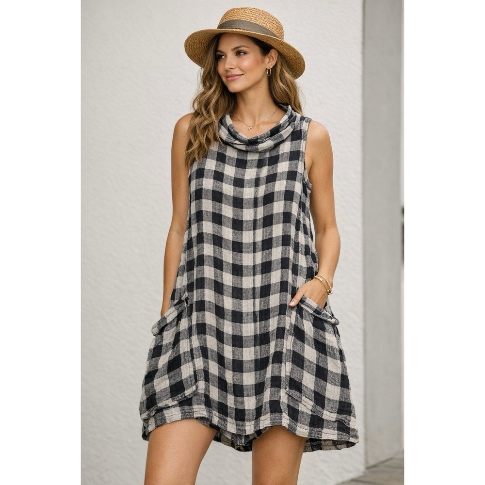 FLAX Linen Gingham Dress Lagenlook Cowl Neck Pocket Tunic Size S Black White